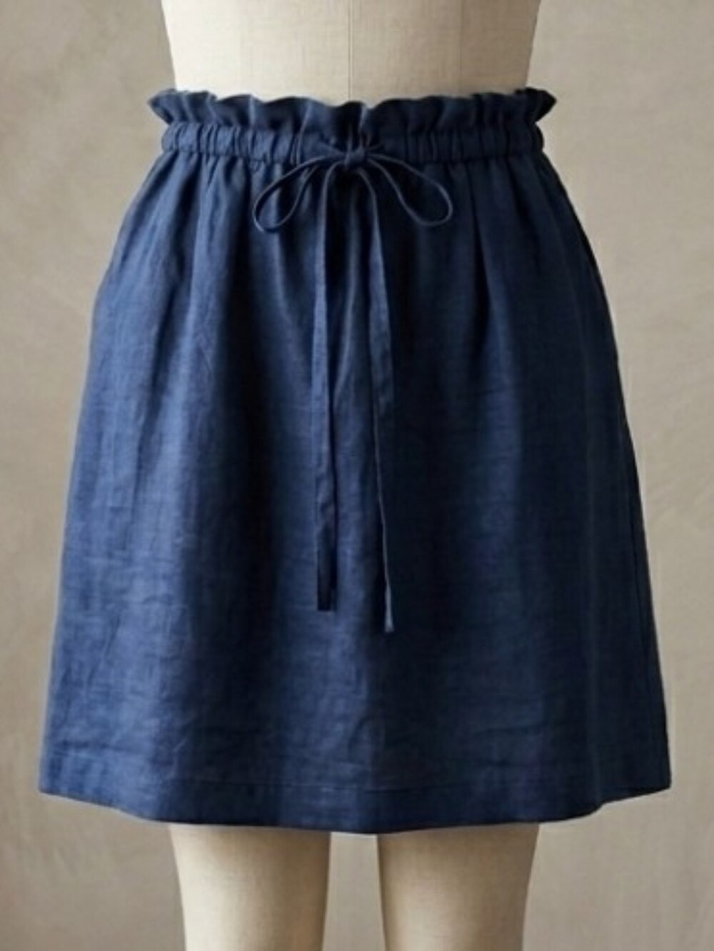 Navy Blue Linen Paperbag Waist Mini Skirt with Drawstring Casual Summer Beach XL
